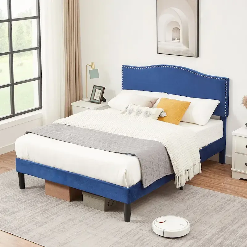 Upholstered Platform Bed Frame with Nailhead Headboard Twin Full Queen Size Bed-Blue