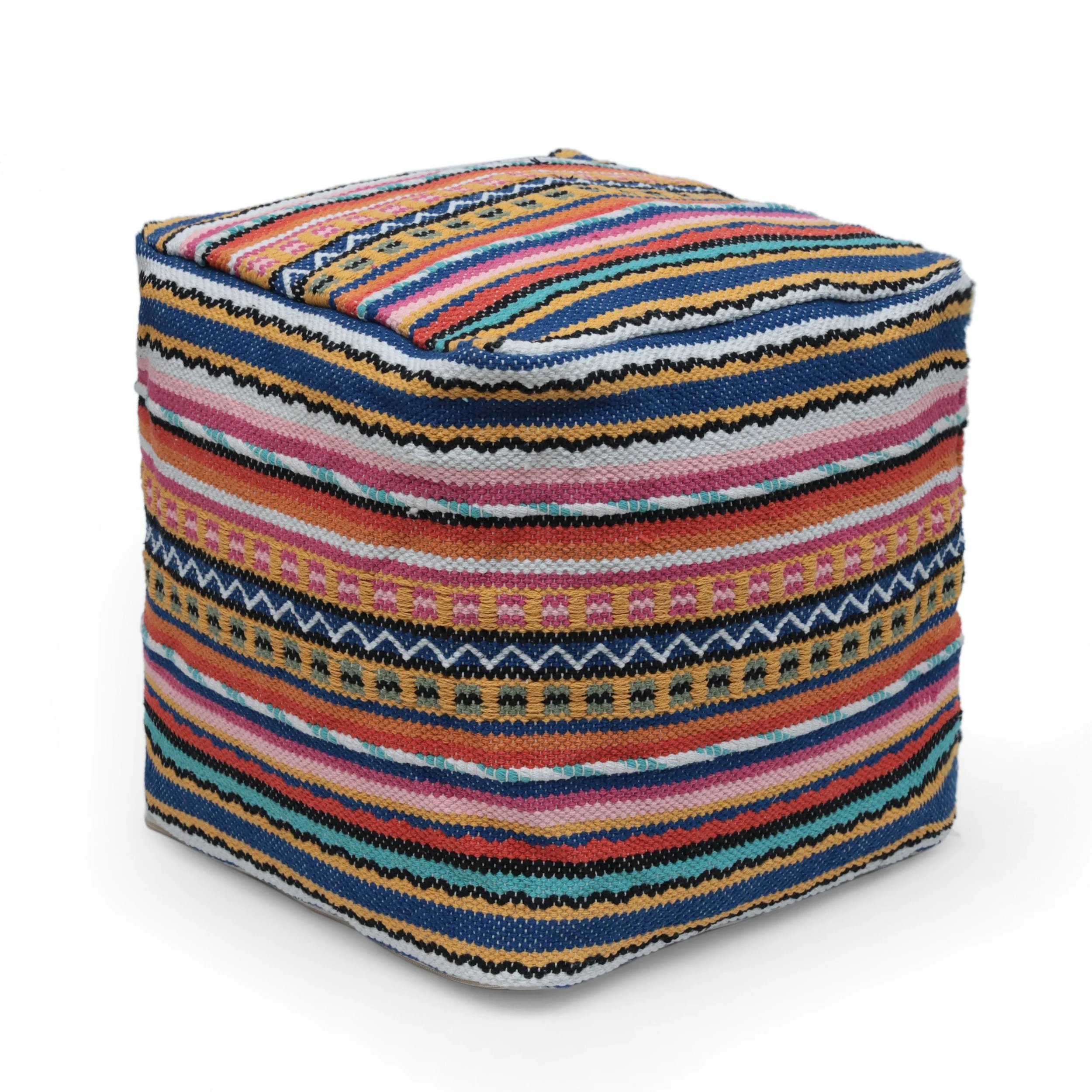 Boho Handcrafted Peruvian Print Cube Pouf - NH615413