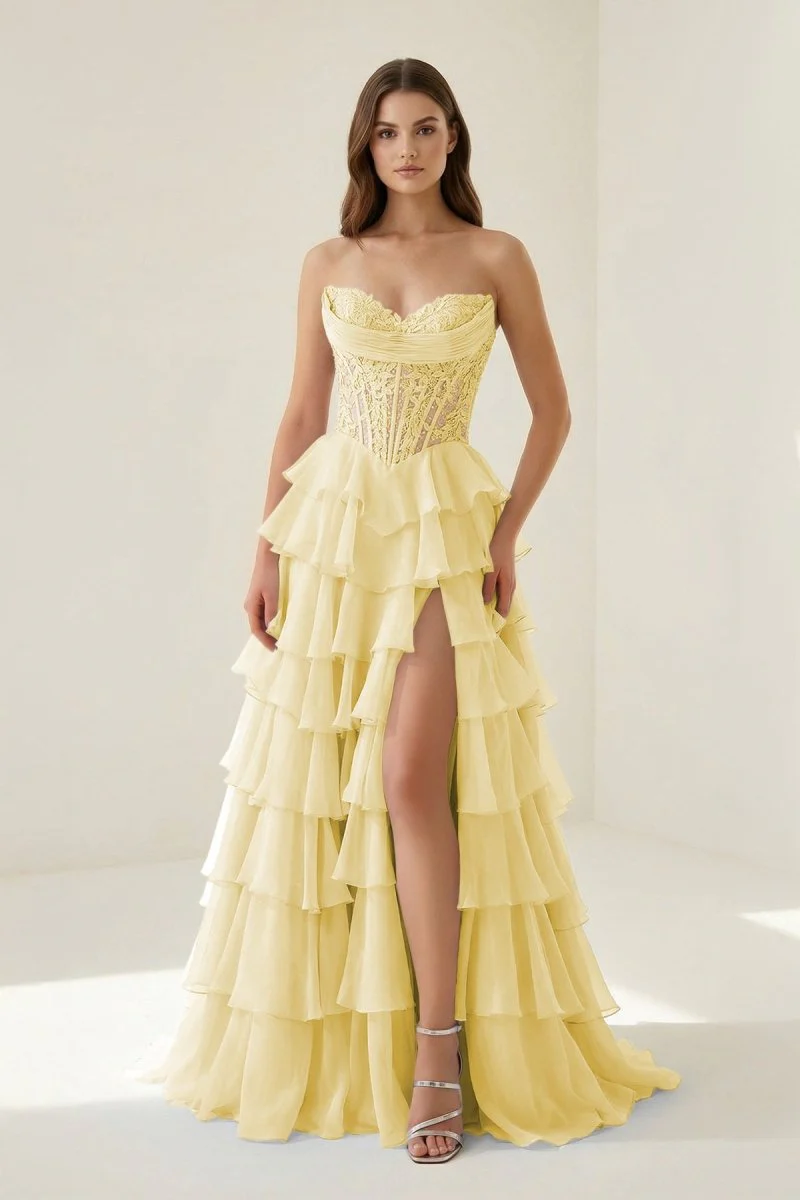 Yellow - Strapless A Line Chiffon Ruffled Prom Dresses With Appliques