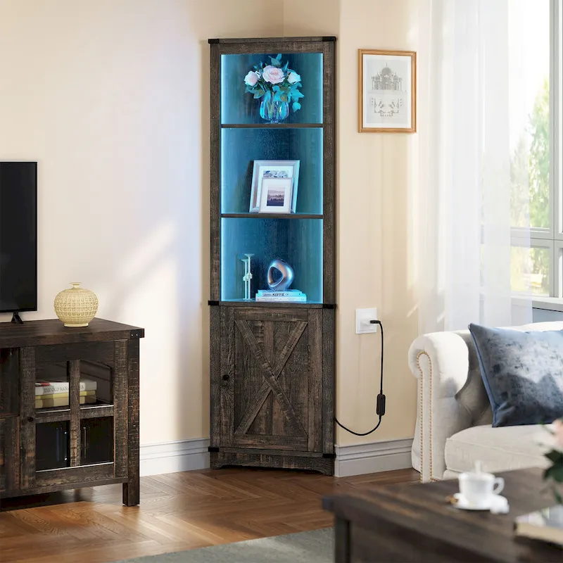 LED Corner Storage Cabinet with Light Farmhouse Tall Corner Cabinet with Barn Door Design