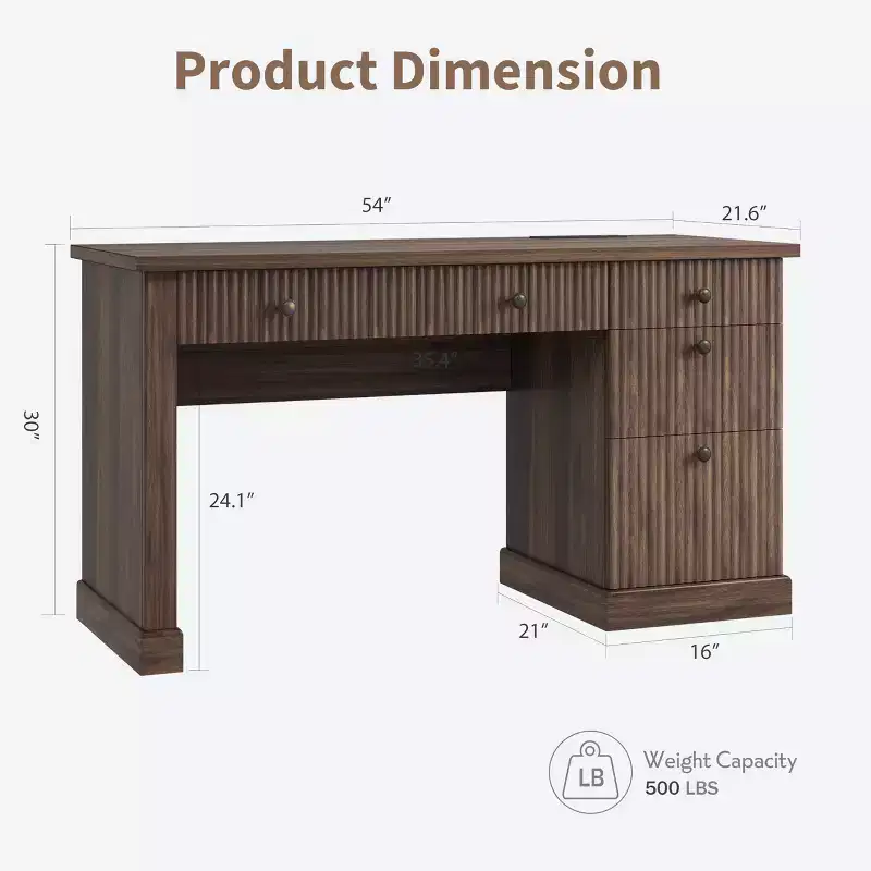 Fluted Executive Desk with Drawers, Wood Computer Desk with Ample File Drawer, Home Office Desk with Storage for Study, Bedroom, Living Room