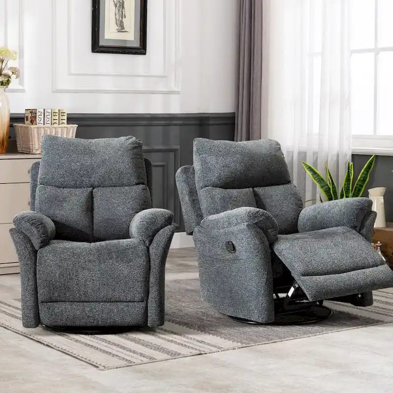Grey/Silver/Smoke Grey Swivel Rocker Fabric Recliner Chair, Manual Reclining, Single Seat