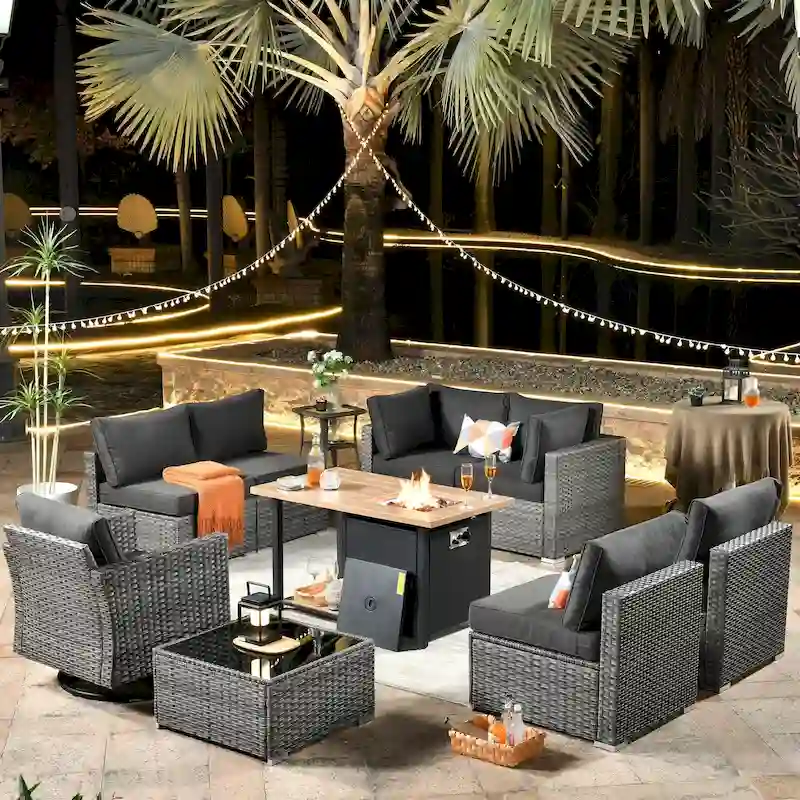 HOOOWOOO 10-piece Grey Rattan Patio Furniture Set with Fire Pit