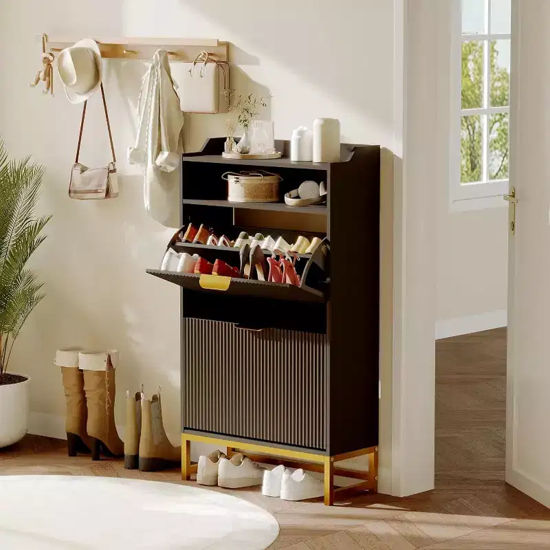 Fluted Shoe Cabinet with 2 Flip Drawers & Open Shelf, 44 Modern Entryway Storage Organizer, Wood Shoe Rack with Gold Handles for Hallway & Foyer