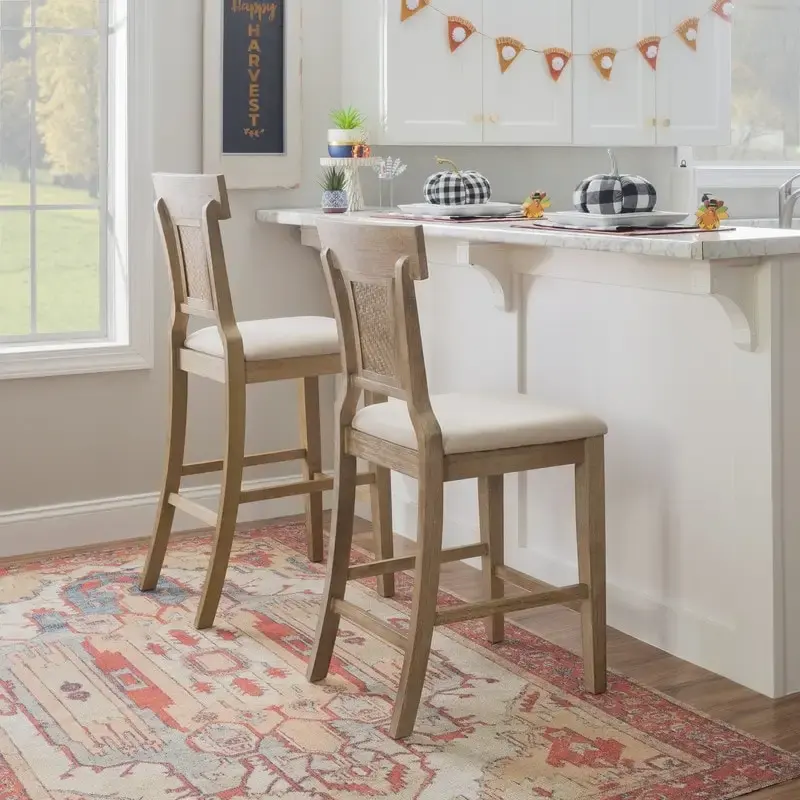 Handwoven Rattan Farmhouse Bar Stool with Upholstered Seat - 30