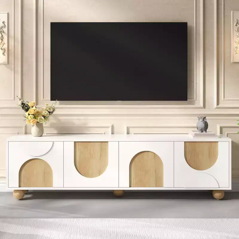 JVNOXK 69-inch Farmhouse-Style TV Stand with Recoil Mechanism Accommodates TVs up to 75 inches 5 Solid Wood Legs Ideal for Living Rooms White