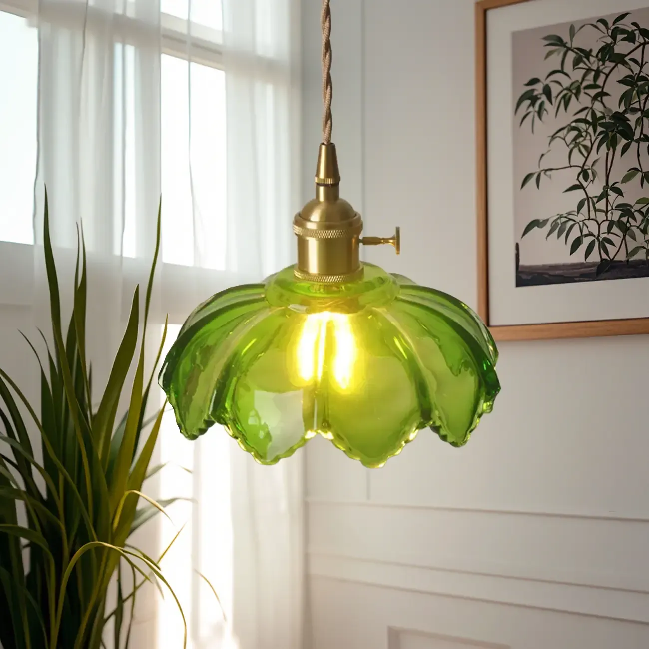 Vintage Green Stained Glass Pendant Light for Living Room