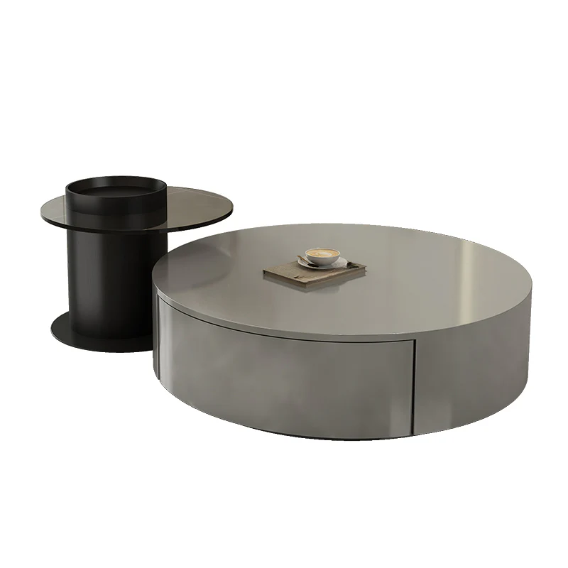 Black Modern Sleek Nesting Round Wood Drawer Coffee Table