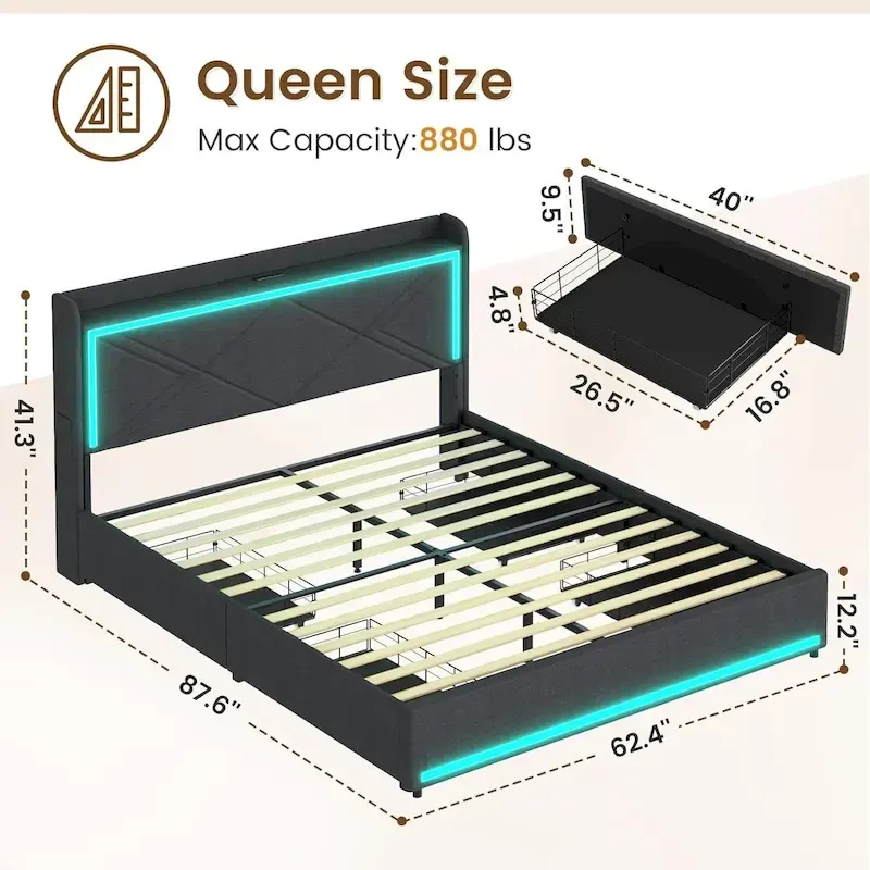 Bed Frame LED Lights Headboard & USB-C/A Charging Station 4 Drawers