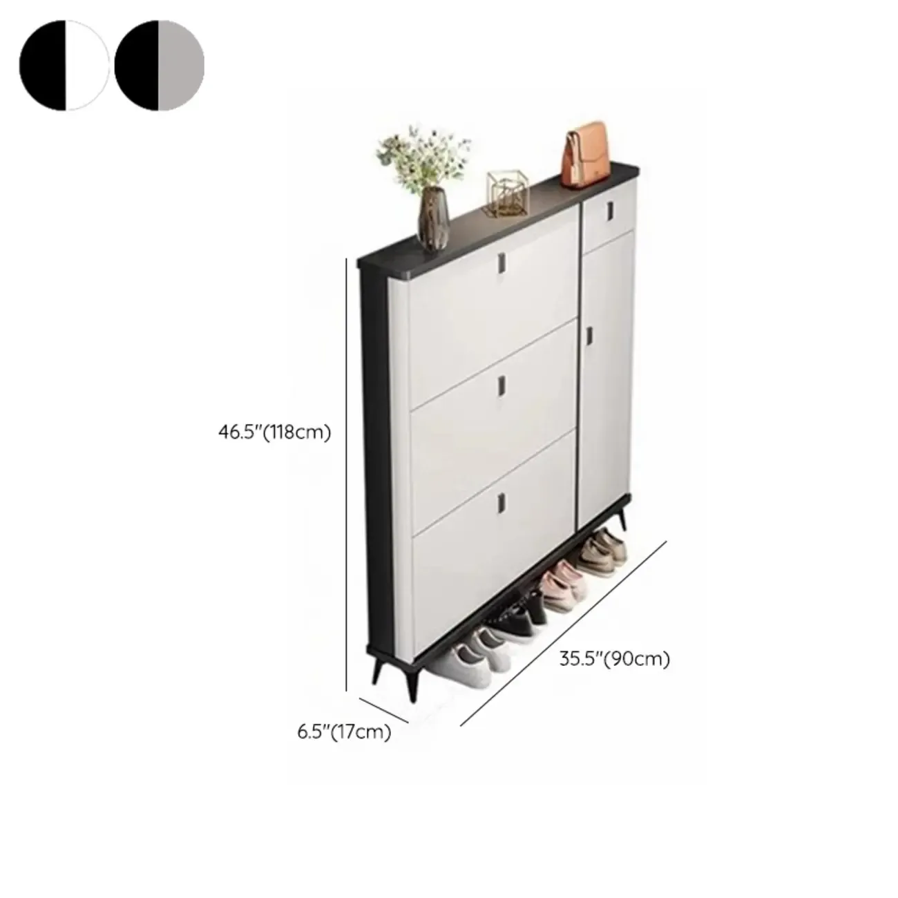 Narrow Black-White Solid Wood Drop Front Shoe Cabinet