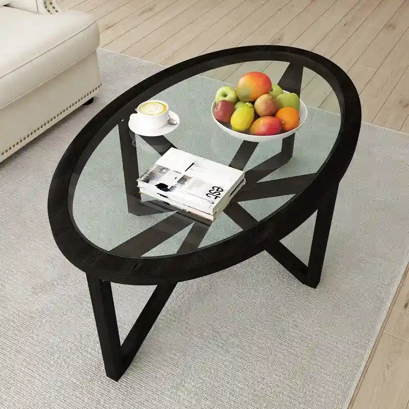 Modern Glass Coffee Table X-Cross Solid Wood Base End Table