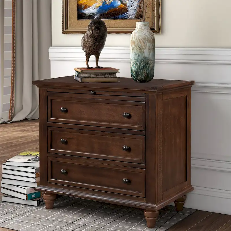 3-Drawer Pine Wood End Table with Pull-Out Tray – 4 Colors, 55 lb Drawer Capacity, Sofa Side Table