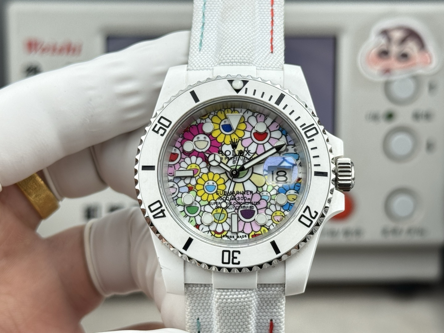 Rolex Submariner replica dial featuring date magnifier and vibrant flower pattern