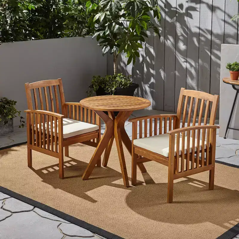 Christopher Knight Home Genois Outdoor Acacia Wood 3 Piece Bistro Set with Water Resistant Cushion