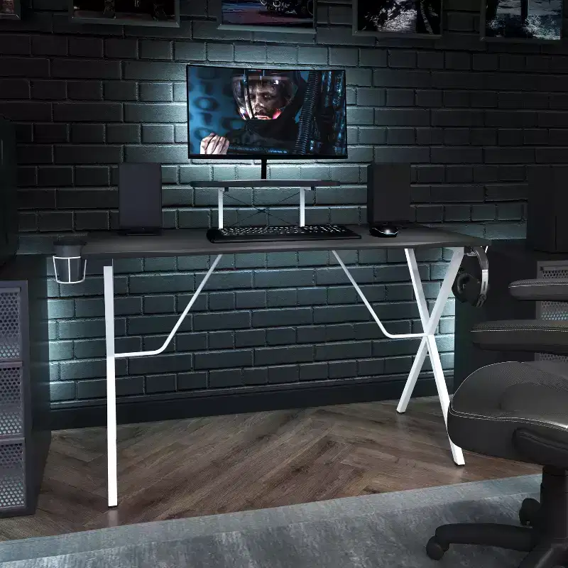 Emma and Oliver Gaming Desk with Cup Holder, Headphone Hook, and Monitor/Smartphone Stand