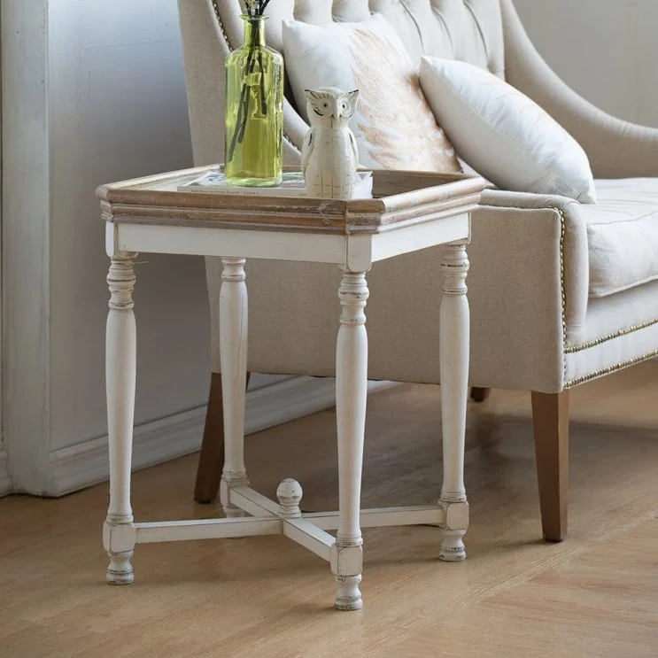 White and Natural Wood Square Side Table with Tray Top