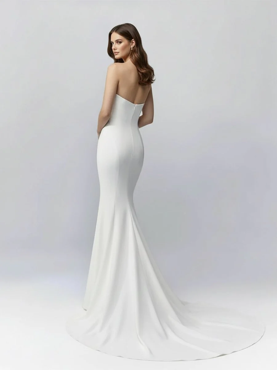White Simple Sweep Train Boho Long Mermaid Wedding Dress