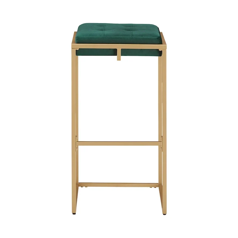 Backless Velvet Button-Tufted Bar Stool with Gold Metal Base & Footrest – Beige / Blue / Green, Counter / Bar Height