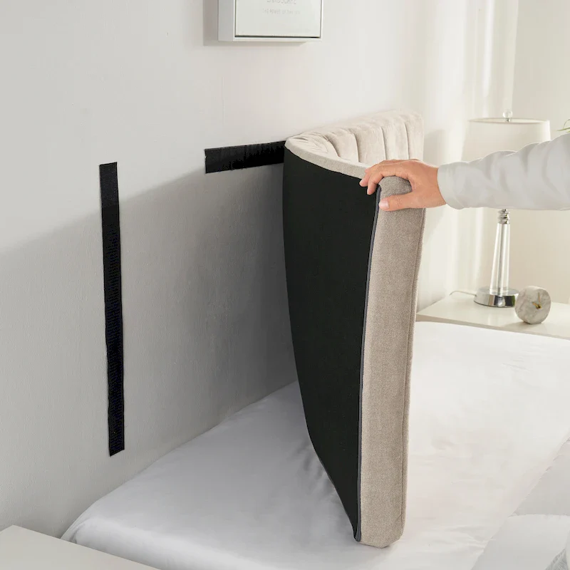 Grey/Beige Wall-Mounted Channel Stitch Upholstered Headboard, Queen/King