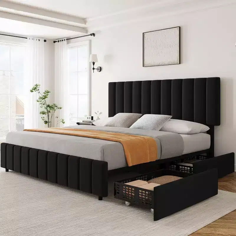 Platform Bed Frame with Elegant and Stylish Headboard, 4 Storage Drawers, No Box Spring Required, Easy Assembly, Heavy-Duty Support
