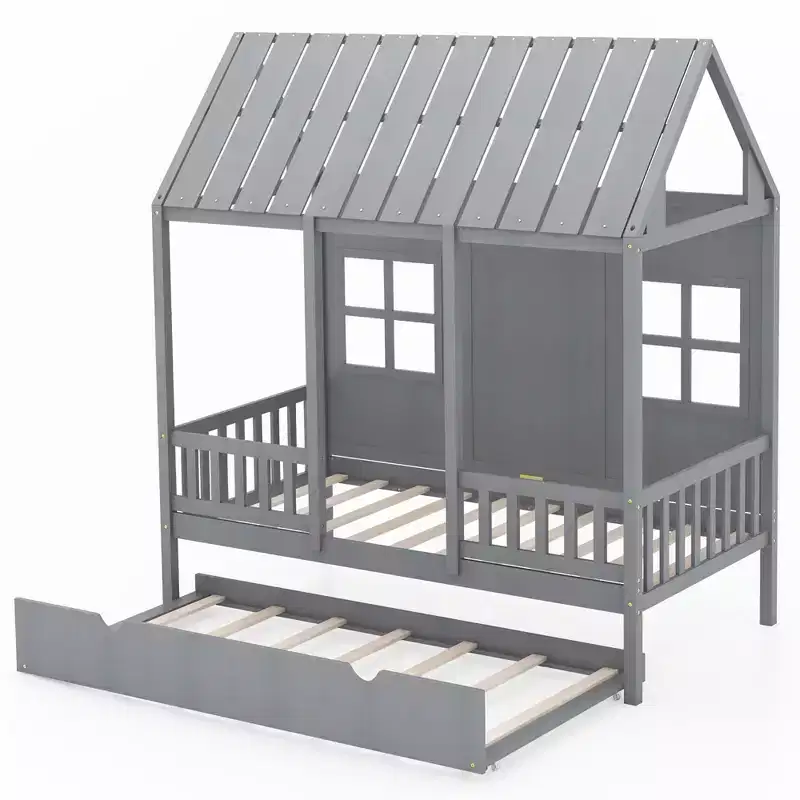 Costway Twin Size House Bed with Trundle Fence Decoration Wooden Windows Tall Roof Gray