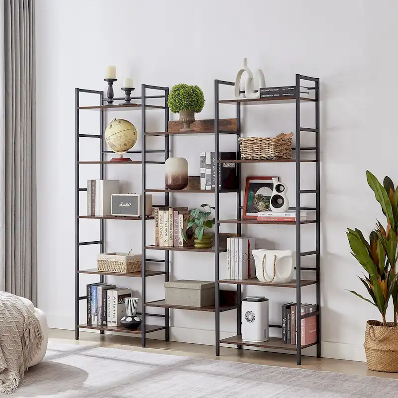 Triple Wide 5-shelf Bookshelves Industrial Retro Wooden Style Home and Office Large Open Bookshelves