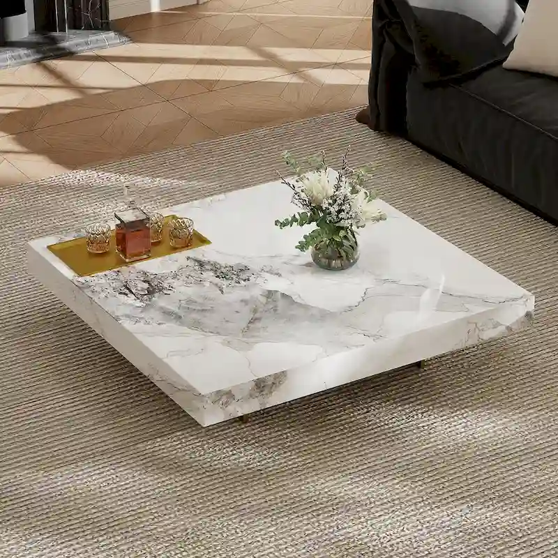 Modern 42 Faux Marble Square Coffee TableGlossy Sintered Stone Tabletop