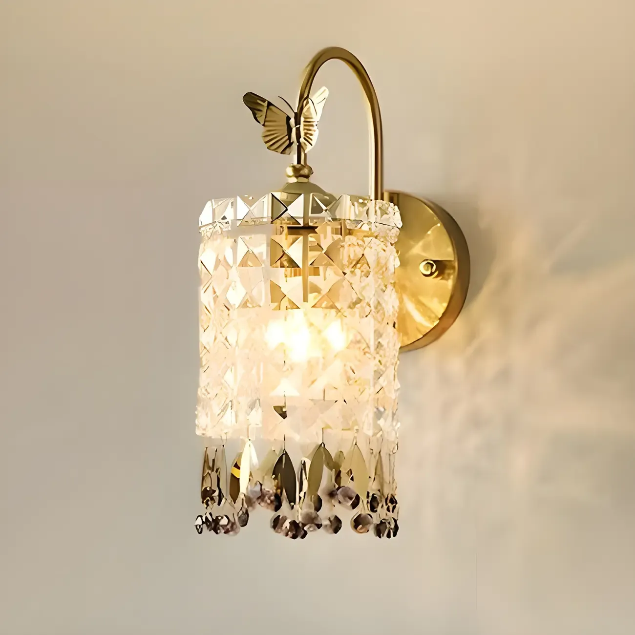 Luxury Golden Gooseneck Cylinder Crystal Wall Sconce