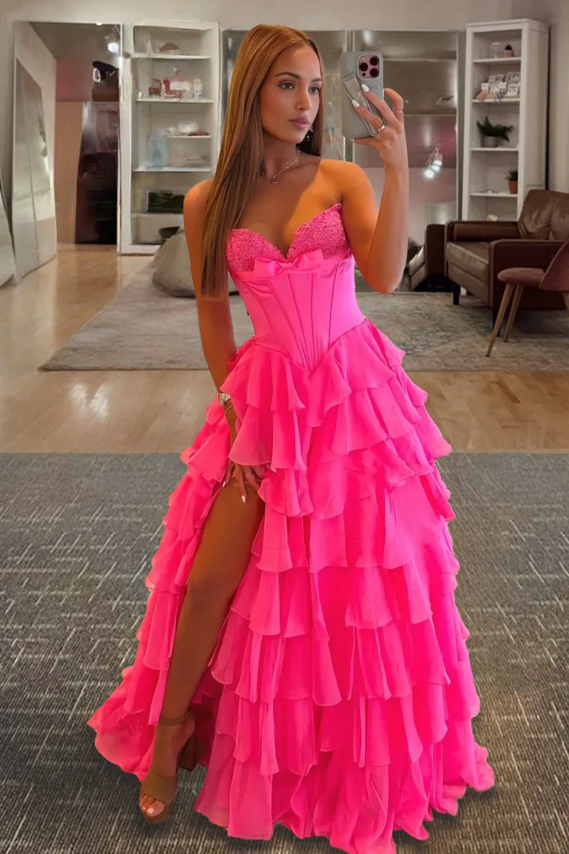Fuchsia A Line Strapless Chiffon Ruffled Long Formal Prom Dresses With Bow