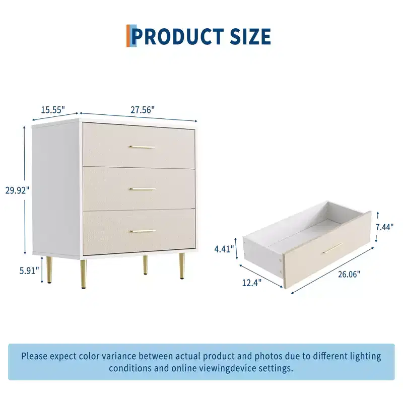 Modern 3-Drawer Dresser with Gold Handles & Legs, Wooden Nightstand - Linen-Textured Narrow Accent Cabinet for Bedroom & Living Room