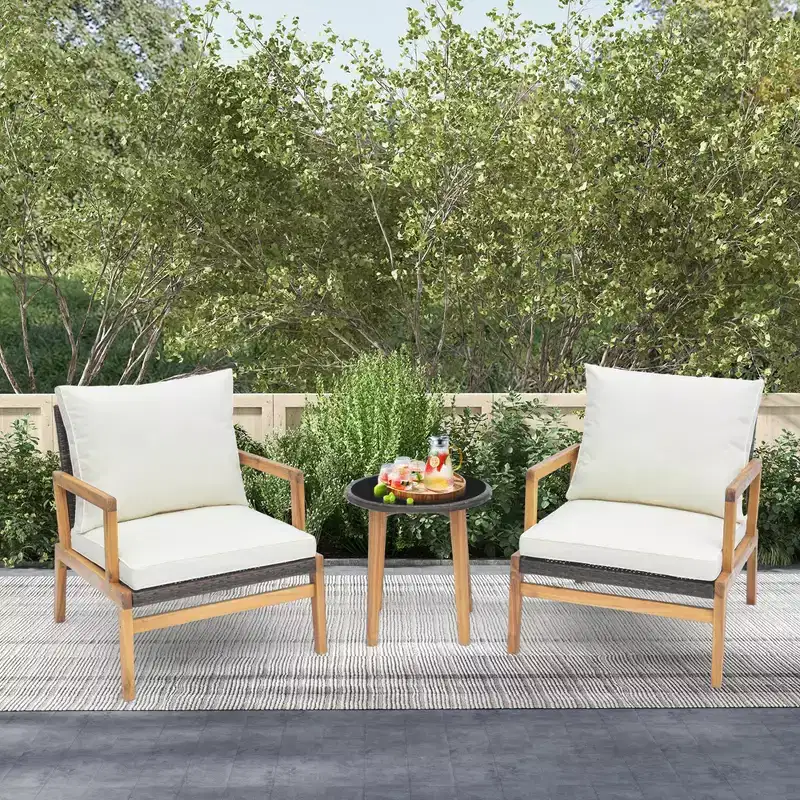 Costway 3 PCS Outdoor Furniture Set with Cushioned Chairs and Tempered Glass Side Table