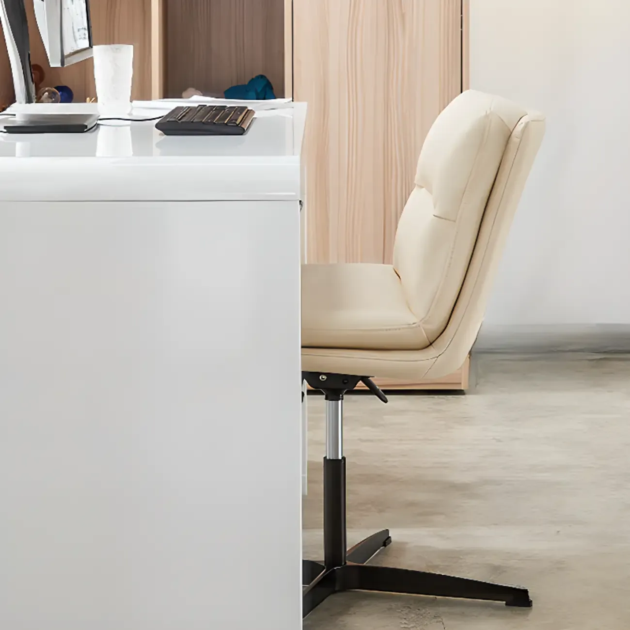 Beige Leather Armless Swivel Wide Office Chair
