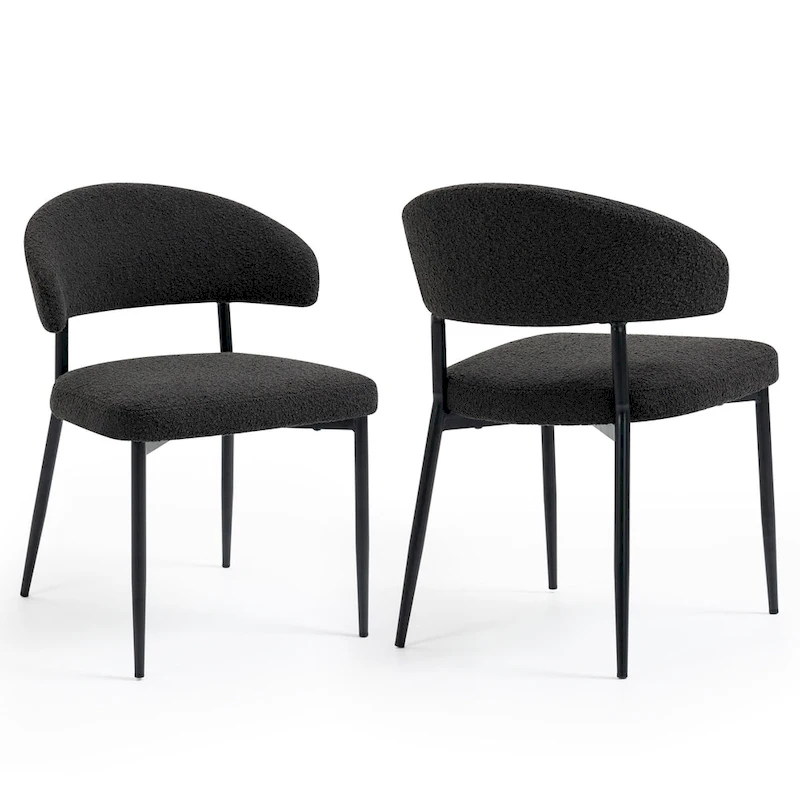 Set of 2 Ayoka Black Boucle Dining Chairs with Black Iron Legs