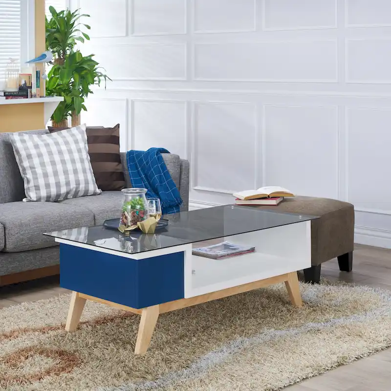 47-Inch Mid-Century Modern Coffee Table with Smoked Glass Top & White Cabinet