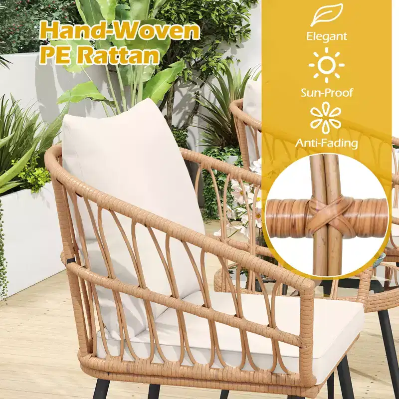 Costway 3PCS Patio Bistro Set with Soft Cushions, Tempered Glass Coffee Table & Metal Frame