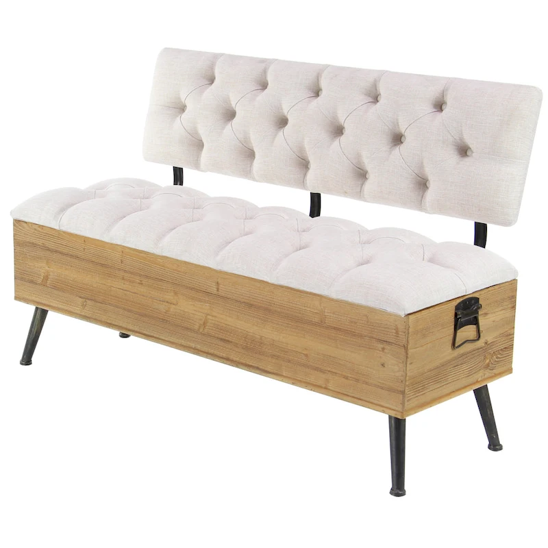 Wood Storage Bench with Cream Tufted Seat and Back - White - Roche River Decor - 20 Wx48 Lx30 H