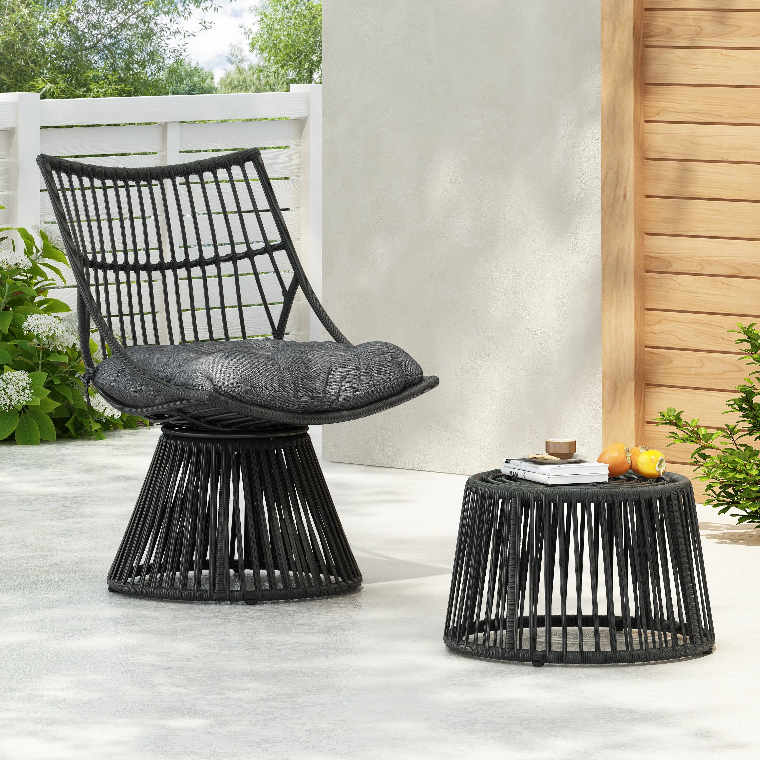 Modern Wicker High Back Chair & Side Table Set