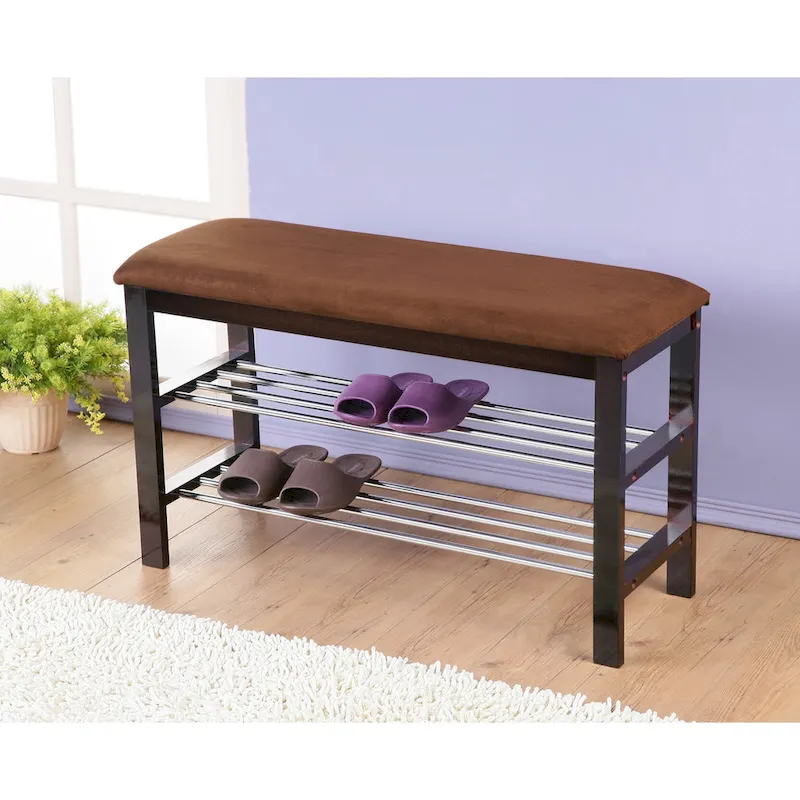 Dark Espresso Wood Shoe Bench with Chocolate Microfiber Seat