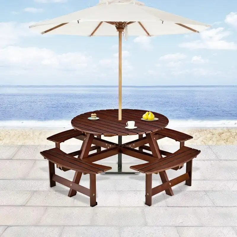 8-Seater Round Outdoor Dining Set With 4 Integrated Benches & Umbrella Hole  Ideal For Garden, Backyard, Porch & Patio .