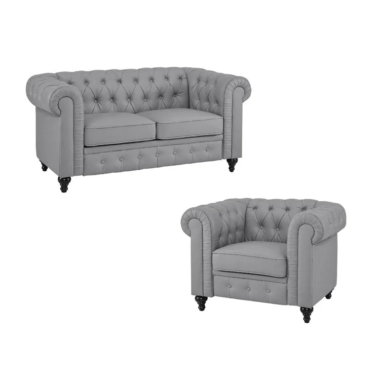 Chesterfield Elegance Collection: Loveseat and Accent Chair with Rolled Arms for Living Room, Office, Reception