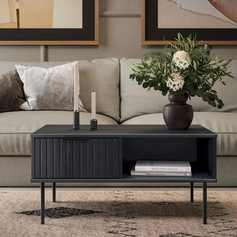 Black Fluted Coffee Table with Drawer – Single-Tier, 1-Person Use