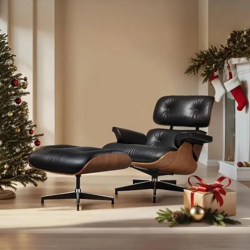 Mid-century Full Grain Leather Accent Chaise Lounge Chair and Ottoman