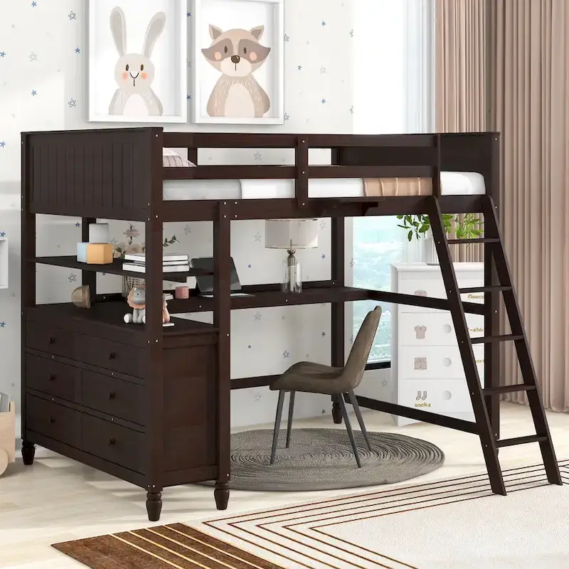 Full Size Loft Bed with Drawers, Desk and Shelves
