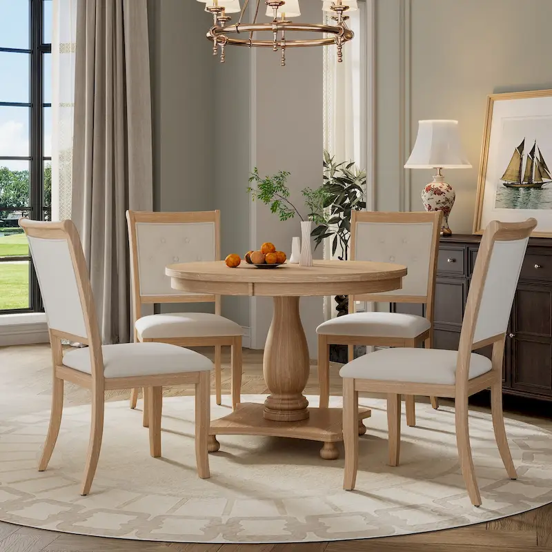 5 Piece Dining Table Set, Solid Wood Kitchen Dining Room Table Set with Round Dining Table and 4 Upholstered Chairs