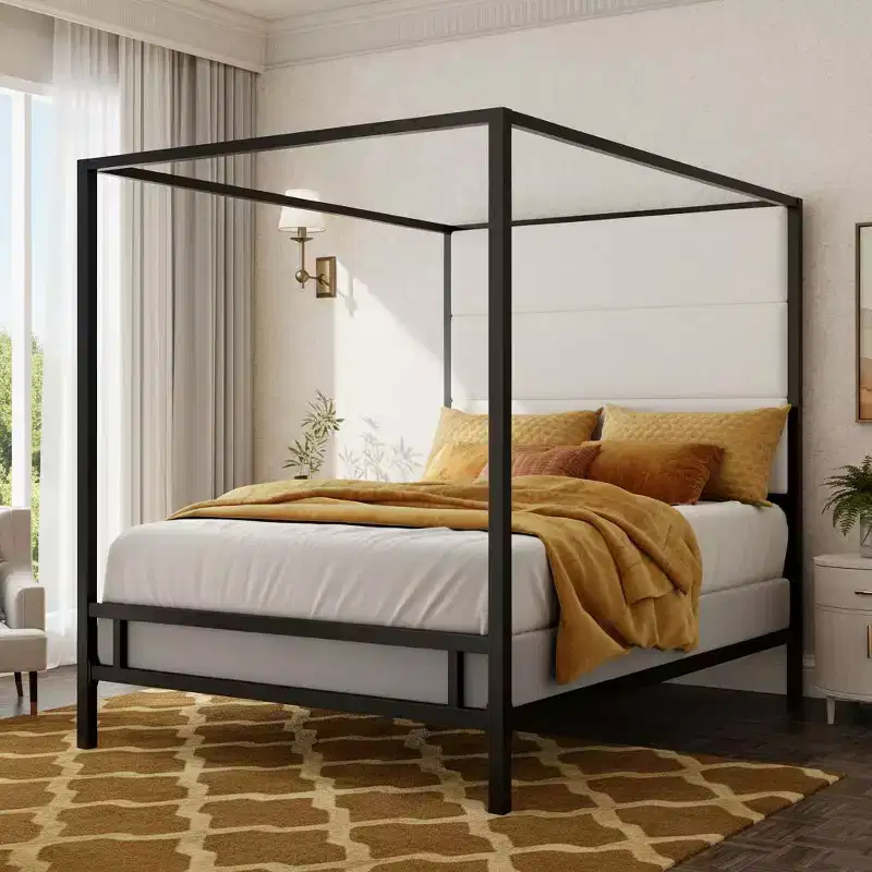 Polibi Canopy Bed with Upholstered Linen Headboard