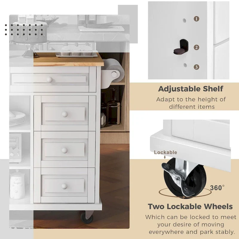 Rubber Wood Desktop Kitchen Cart Featuring Five Drawers, Concealed Cabinet, Adjustable Shelves and Smooth Rolling Wheels