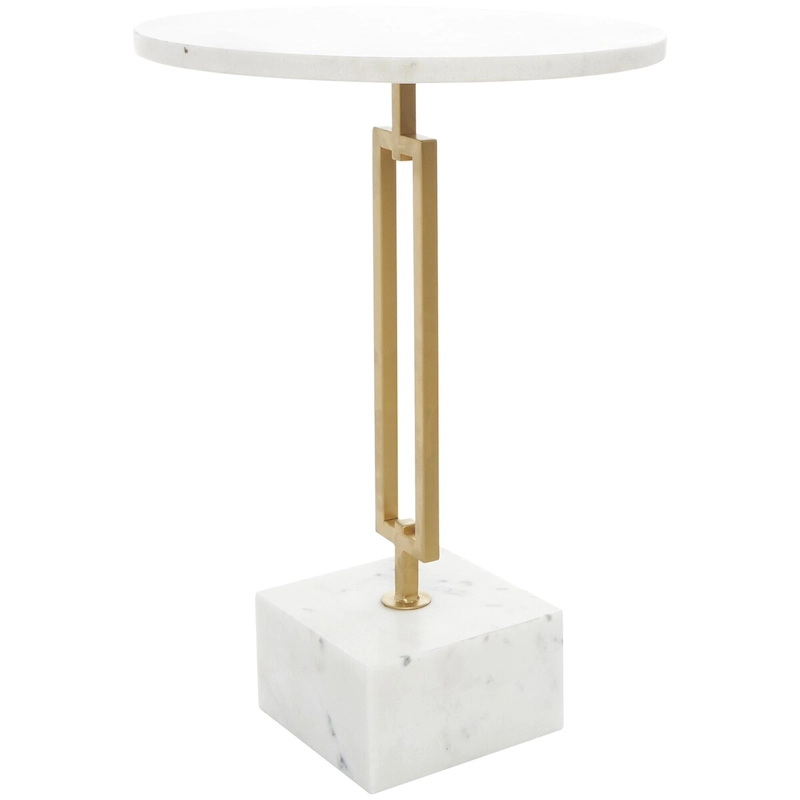 Marble Geometric Side End Accent Table with Gold Metal Rectangular Stand - White - Roche River Decor