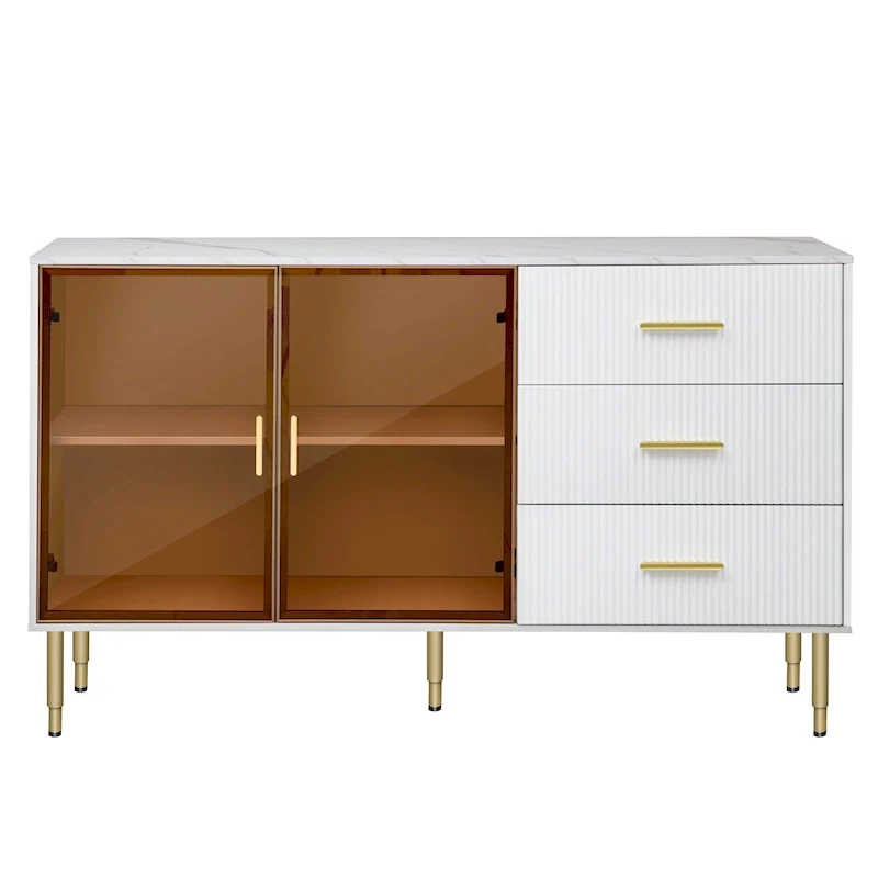 White/Navy Blue/Black MDF Sideboard with Tempered Glass Doors, 3 Drawers & Metal Legs