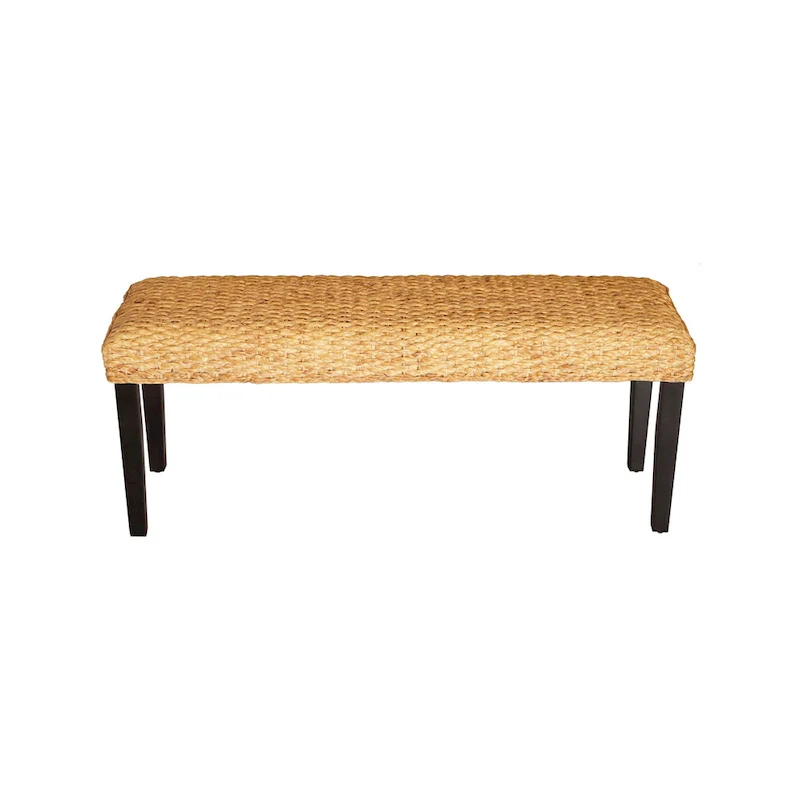 Brown / Grey Water Hyacinth Woven Indoor Bench, Acacia Wood Legs, 2-Seat