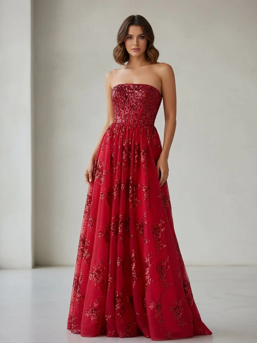 Red - A Line Strapless Pleating Long Prom Dress With Applique